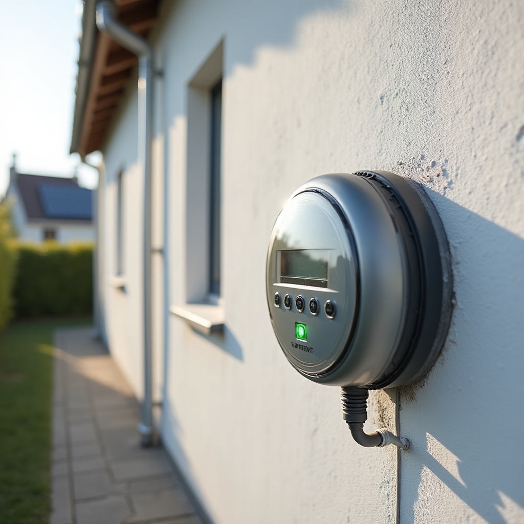 Medidor electrico bidireccional instalado en el frente de una vivienda con paneles solares y cableado visible