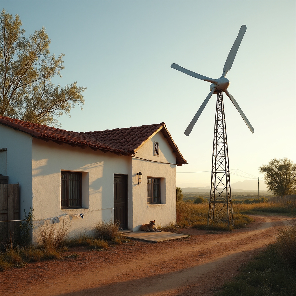 Aerogenerador de pequeña escala instalado junto a una vivienda rural en la llanura pampeana