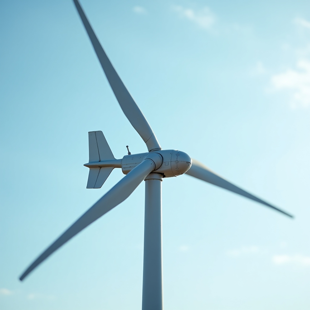 Aerogenerador domestico de eje horizontal con tres palas sobre un mastil metalico
