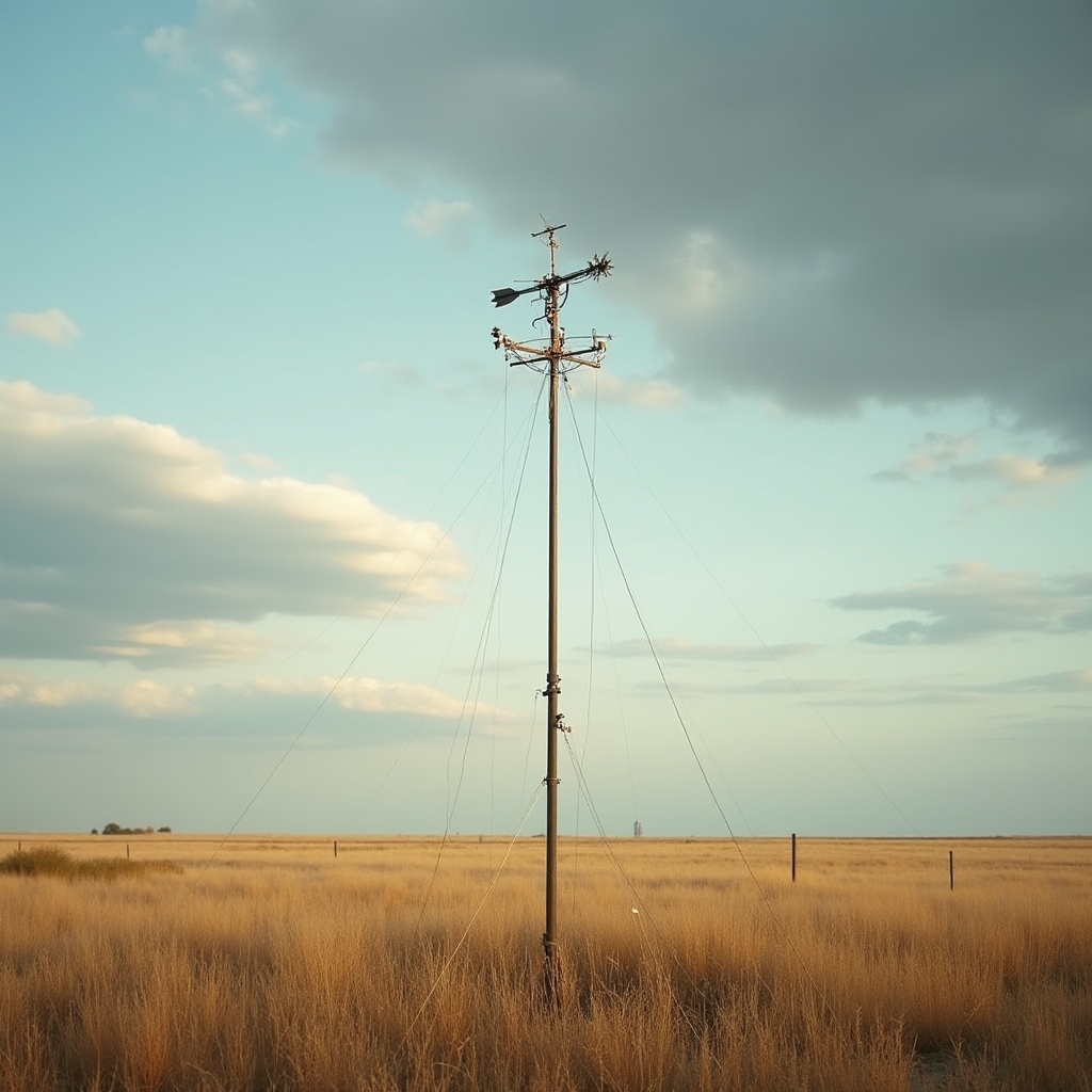 Mastil de medicion de viento con anemometro instalado en un campo abierto de la llanura pampeana
